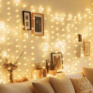 Indoor curtain-style warm white string lights, multi-function,USB powered. PARTY